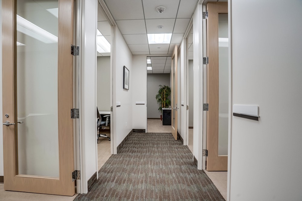 Barrister Suites Office Lease A hallway in an office with beige carpet and glass doors leading to individual offices. There is a potted plant at the end of the hallway and a framed picture on the wall. The space is clean and well-lit.