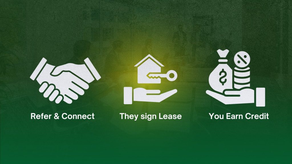 Barrister Suites Office Lease Three icons with captions: a handshake for Refer & Connect, a hand holding a key for They sign Lease, and a hand holding a money bag and coins for You Earn Credit, all on a green gradient background.
