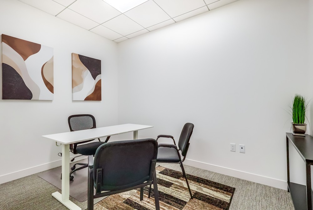 Barrister Suites Office Lease A small, modern office with white walls, a desk, three chairs, abstract art on the wall, a striped rug, and a cabinet with a potted plant. The space is clean and simply decorated.