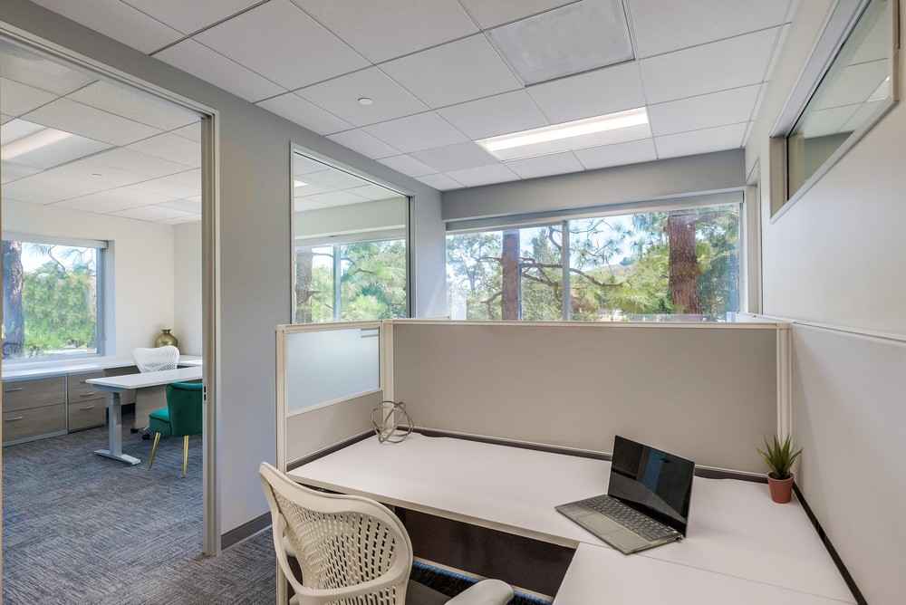 Barrister Suites Office Lease Modern office space with a white desk, laptop, chair, small potted plant, and large windows letting in natural light. Another office with green chairs is visible through a glass partition. Trees can be seen outside.