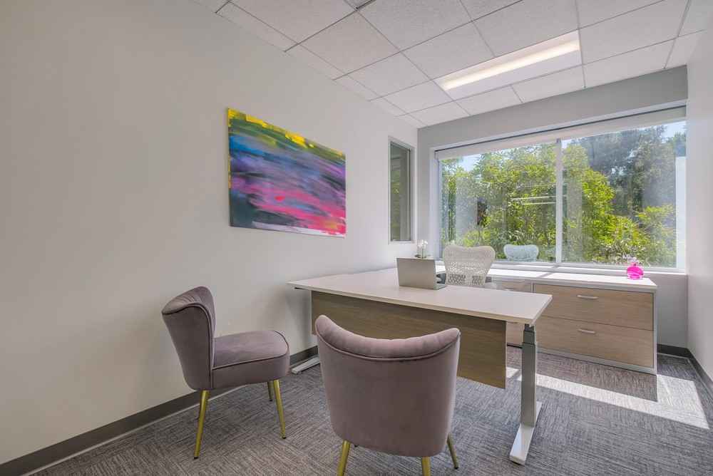 Barrister Suites Office Lease Modern office with a large window, white desk, two gray chairs, filing cabinet, and colorful abstract painting on the wall. Sunlight streams in, illuminating the room and greenery outside.