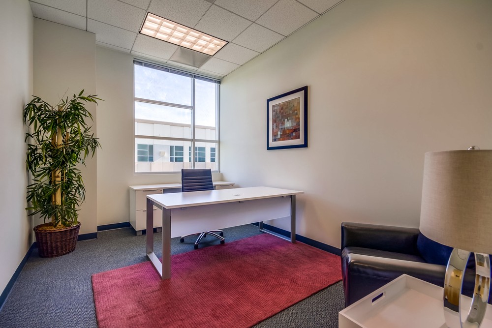 Barrister Suites Office Lease Small modern office with a white desk, black chair, potted plant, framed artwork, lamp, and a red rug. Large window lets in natural light, illuminating the simple and clean workspace.