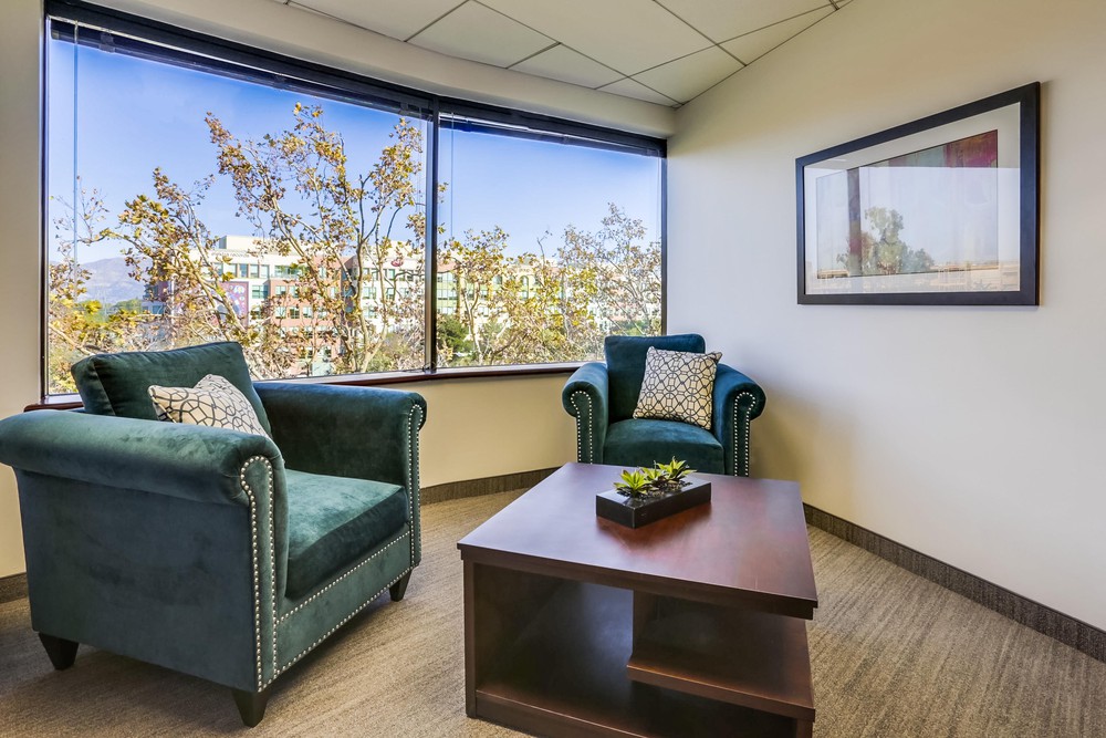 Barrister Suites Office Lease Two teal armchairs with patterned pillows sit by large windows with a city view. A wooden coffee table with a small plant is centered in the room. A framed abstract painting hangs on the wall.