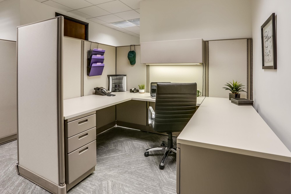 Barrister Suites Office Lease A modern office cubicle with beige walls, a black swivel chair, a phone, desk organizer, filing trays, potted plants, and overhead storage, all under bright fluorescent lighting.