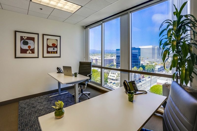 Barrister Suites Office Lease Modern office with two desks, chairs, a laptop, potted plants, and framed abstract art on the wall, featuring large windows overlooking city buildings and a blue sky.