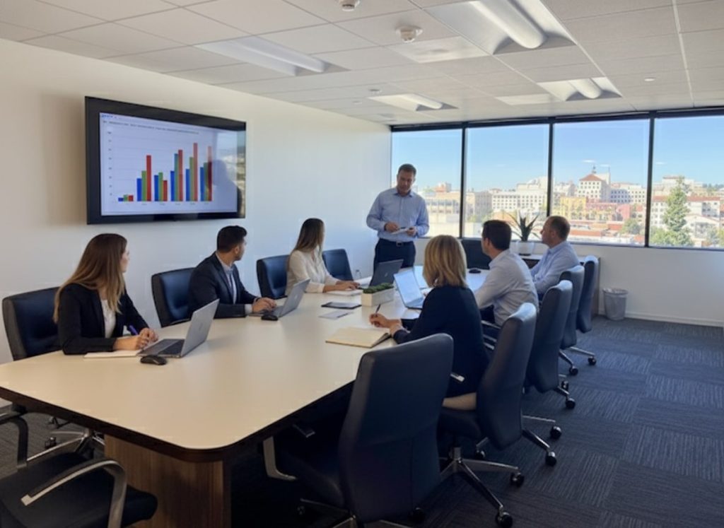 Barrister Suites Office Lease A group of people sit around a conference table with laptops while a man stands and presents a bar graph on a screen in a bright office with large windows.
