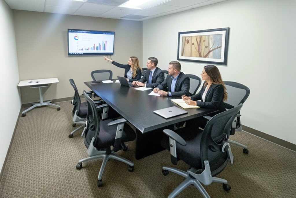 Barrister Suites Office Lease Four people in business attire sit at a conference table in a meeting room. One woman gestures toward a screen displaying graphs and charts, while the others look on attentively with laptops open in front of them.
