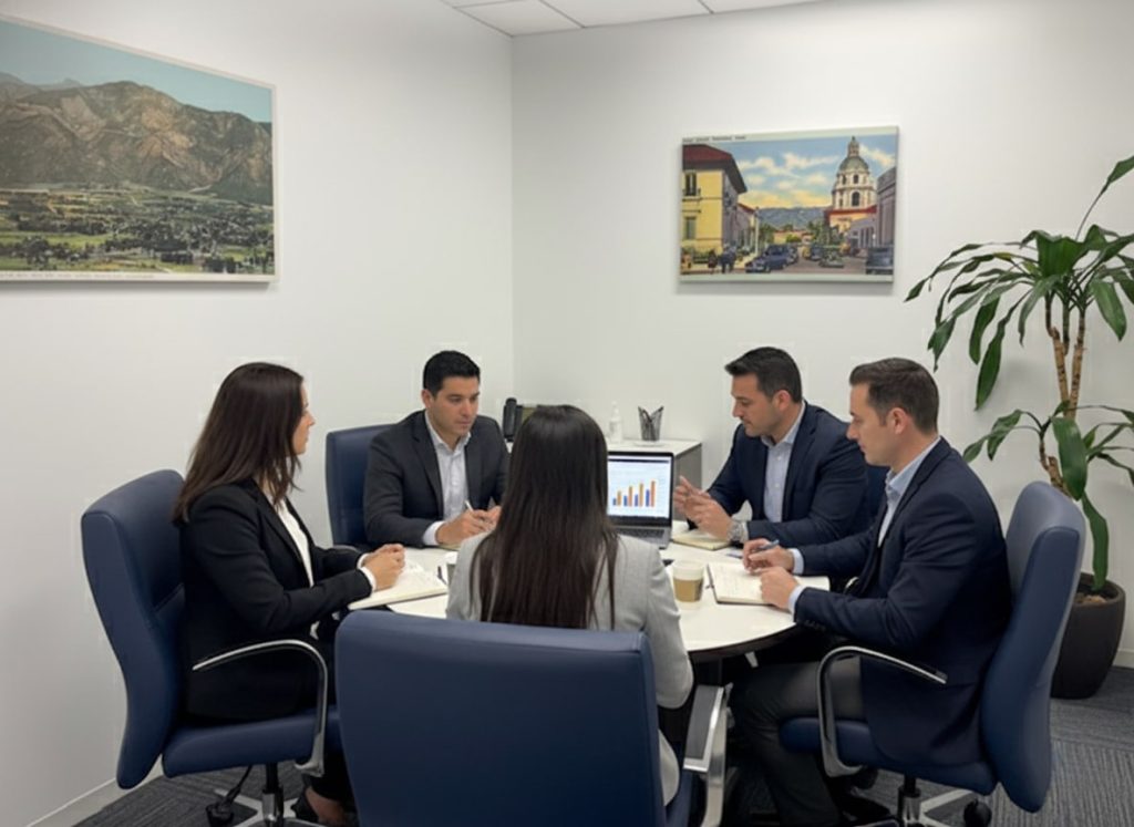 Barrister Suites Office Lease Five people in business attire sit around a small conference table in an office, discussing a bar chart displayed on a laptop. Framed landscape photos and a potted plant decorate the room.