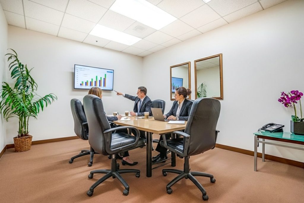 Barrister Suites Office Lease Three people in business attire sit around a conference table in a modern office, looking at a wall-mounted screen displaying a bar graph. One person points at the screen during the presentation.