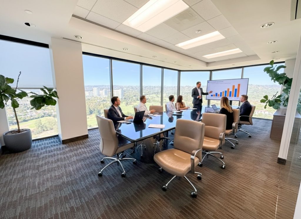 Barrister Suites Office Lease A group of six people in business attire are having a meeting in a modern office with large windows. One person is presenting a bar chart on a screen, while others sit around a conference table with laptops and papers.