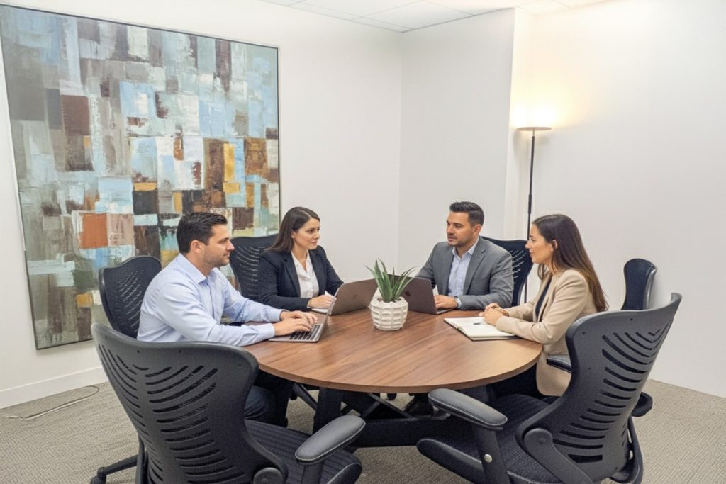 Barrister Suites Office Lease Four people in business attire sit around a round table in an office, working on laptops and taking notes. There is a plant in the center of the table and abstract artwork on the wall behind them.