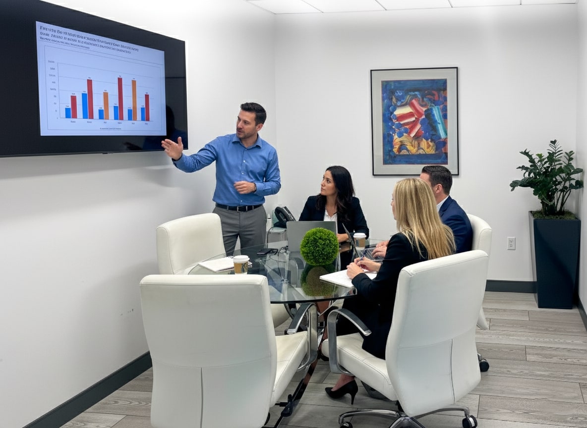 Barrister Suites Office Lease A man in a blue shirt presents a bar graph on a wall-mounted screen to three colleagues seated around a glass table in a modern office. The team listens attentively and takes notes.