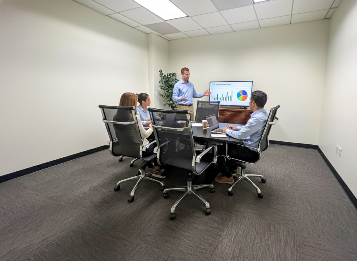 Barrister Suites Office Lease Four people in business attire are in a conference room. Three are seated at a table with laptops, while one stands presenting graphs and a pie chart on a screen. The room has white walls and a plant in the corner.
