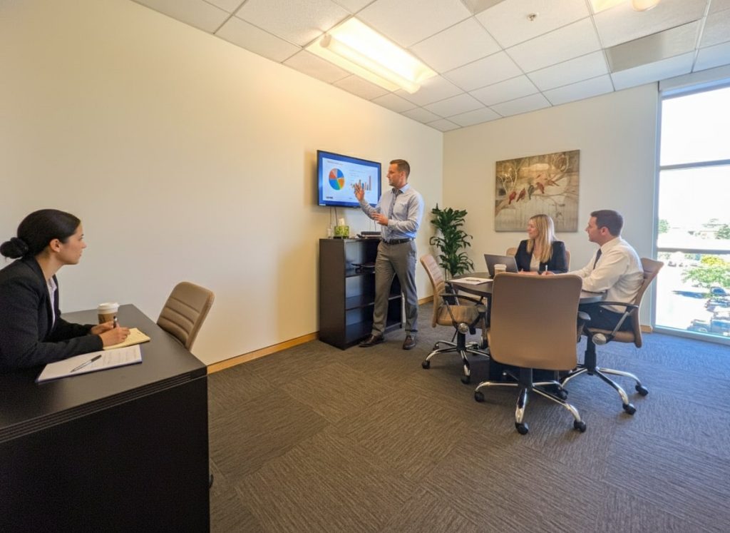 Barrister Suites Office Lease A man stands by a screen giving a presentation with charts to three colleagues in a modern office meeting room. Two people sit at a table, and another sits separately taking notes.