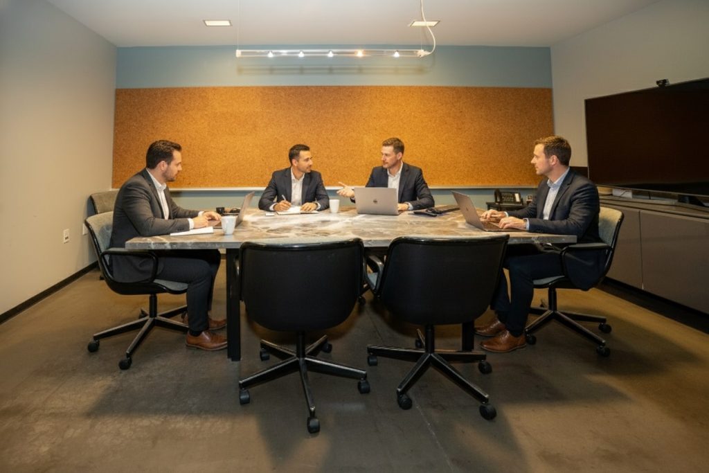 Barrister Suites Office Lease Four men in business attire sit around a conference table in a modern meeting room, with laptops and coffee cups in front of them, engaged in discussion. A large TV screen and corkboard are visible in the background.