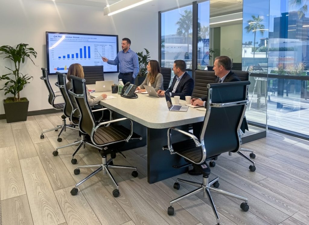 Barrister Suites Office Lease Five people in business attire sit around a conference table in a modern office. One person stands, pointing at a large screen displaying a chart. Laptops and documents are on the table. Floor-to-ceiling windows show palm trees outside.