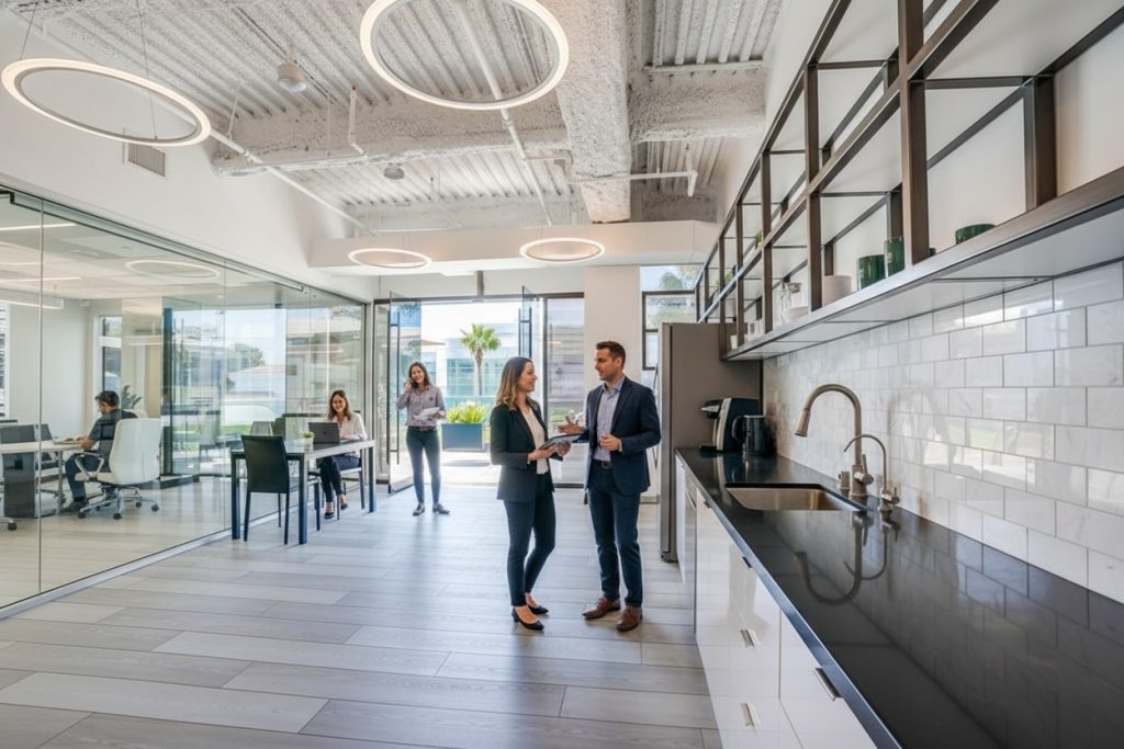 Barrister Suites Office Lease Modern office space with glass-walled meeting room and kitchenette. Two professionally dressed people converse near the counter while others work at desks and talk in the background. Large windows let in natural light.