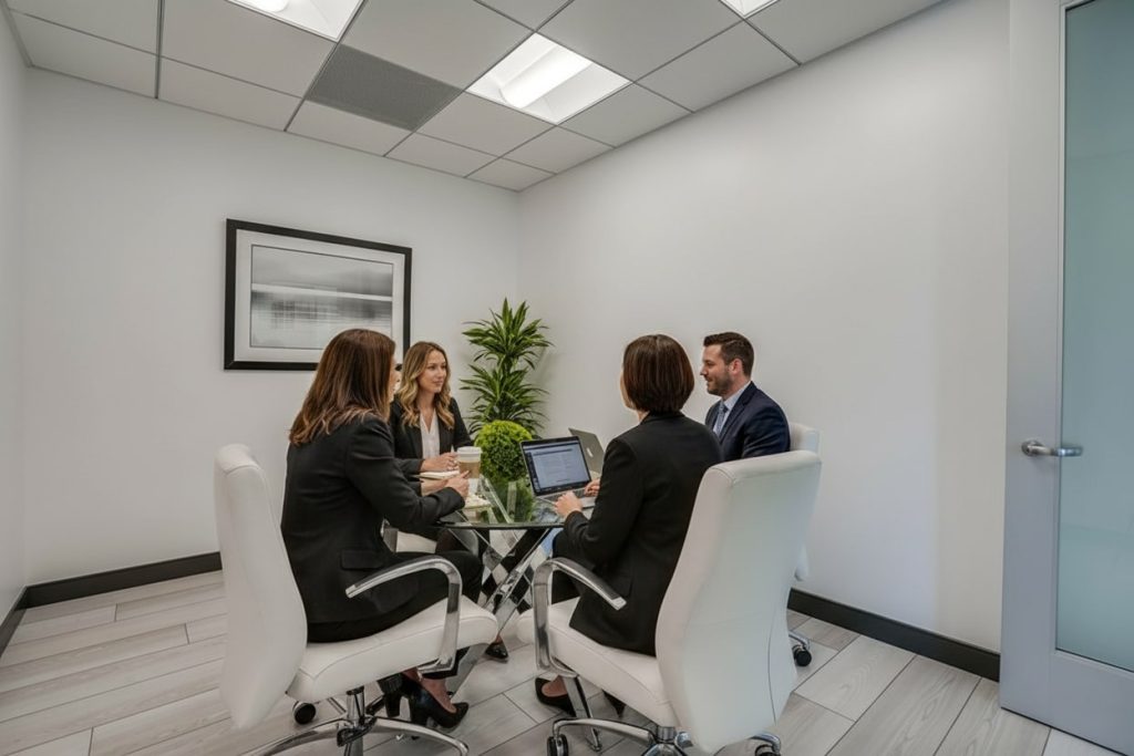 Barrister Suites Office Lease Four people in business attire sit around a glass table in a modern office, engaged in a meeting. There is a laptop on the table, and the room has white walls, a plant, and framed art.
