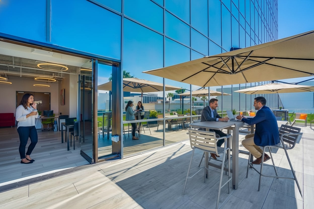 Barrister Suites Office Lease Two men in business attire sit at a high table with drinks under large umbrellas on a modern office patio, while a woman stands nearby holding a cup. The scene reflects a bright, sunny day with glass building reflections.