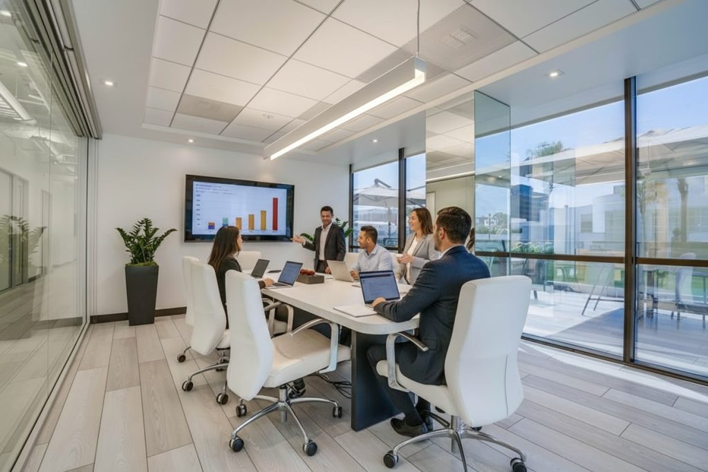 Barrister Suites Office Lease A man presents a bar chart on a screen to four colleagues seated around a conference table in a modern, glass-walled office with natural light.