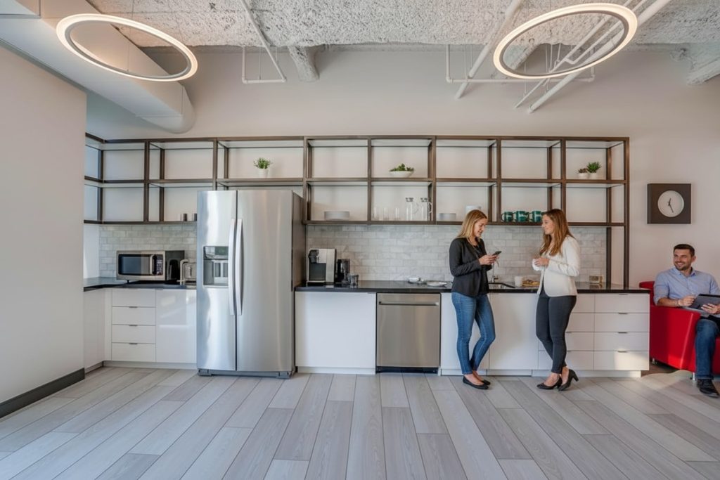 Barrister Suites Office Lease Two women stand and talk in a modern office kitchen with white cabinets, open shelving, and stainless steel appliances. A man sits on a red chair nearby, looking at his phone. The space is bright with circular ceiling lights.