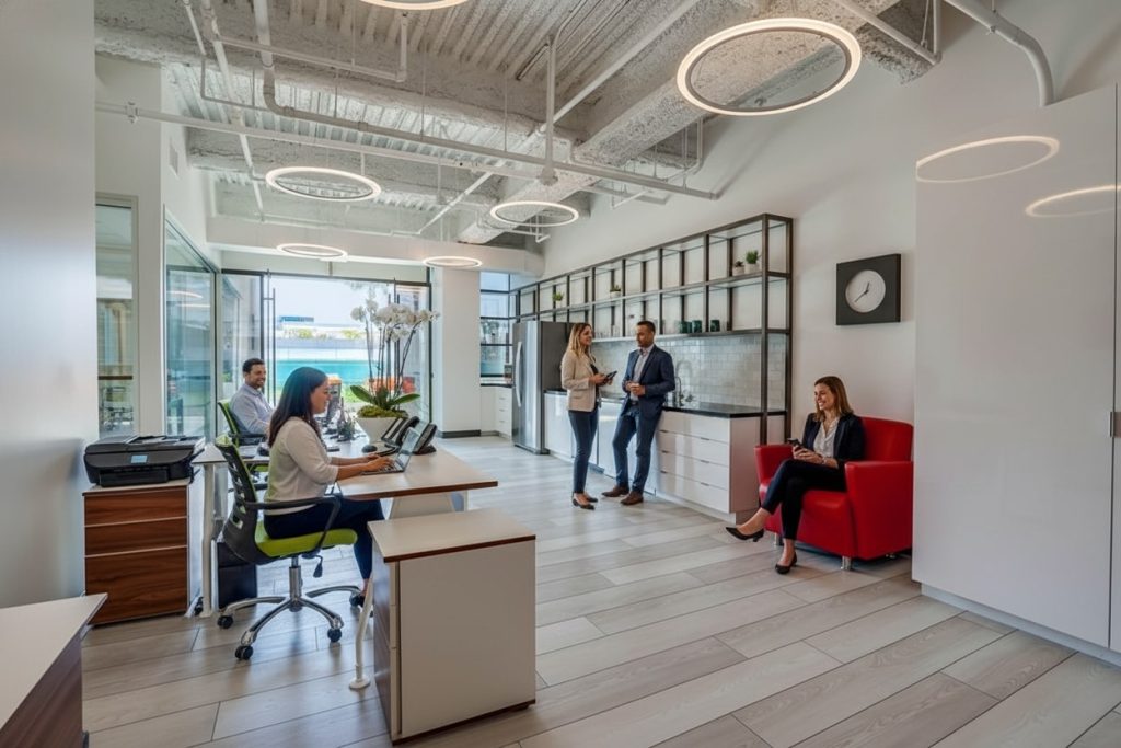 Barrister Suites Office Lease A modern office with five people: one woman works at a desk, two colleagues stand and talk near the center, and two sit on red chairs by the wall. The space is bright with large windows and circular ceiling lights.
