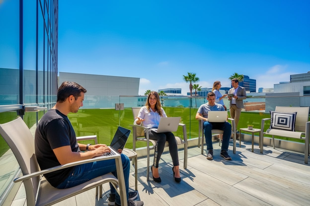 Barrister Suites Office Lease Several people work on laptops and have a discussion on a modern outdoor patio, with glass railings, palm trees, and office buildings in the background under a clear blue sky.