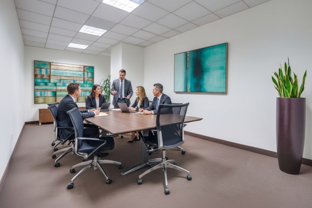 Barrister Suites Office Lease Five people in business attire have a meeting in a modern conference room with abstract art on the walls and a tall plant in the corner. Three are seated at a table with laptops, while two stand and engage in discussion.