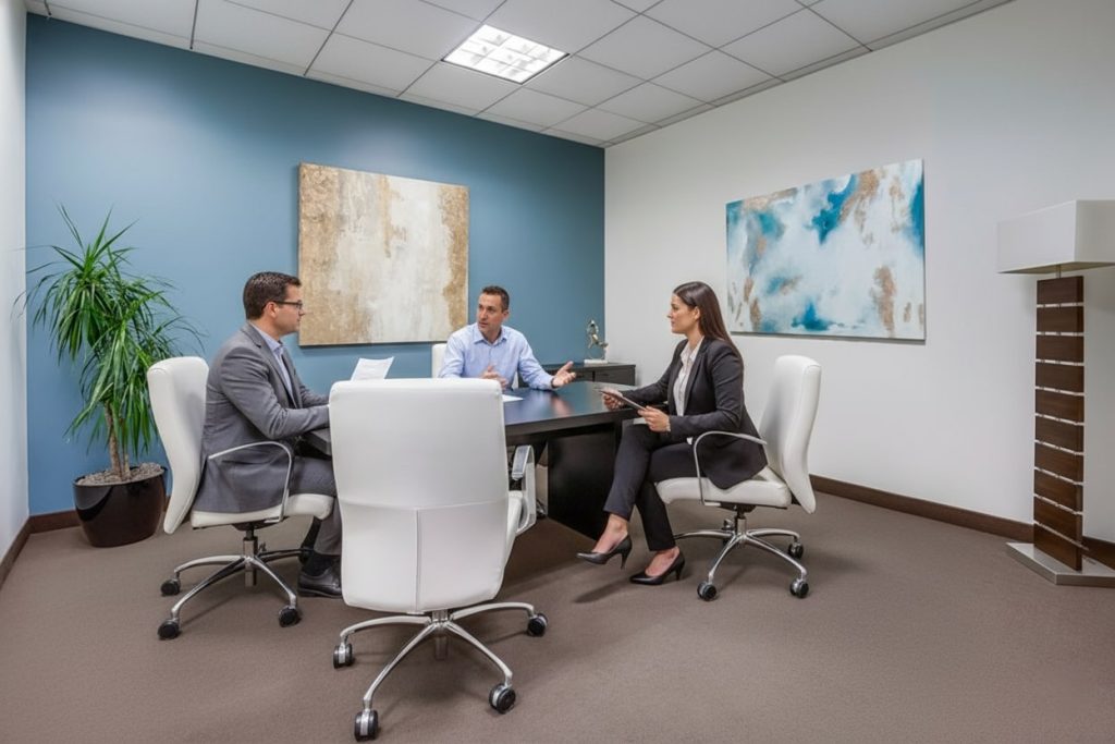 Barrister Suites Office Lease Three professionally dressed people sit around a black desk in a modern office, having a discussion. Two men and one woman are present, with abstract art and a plant decorating the room.