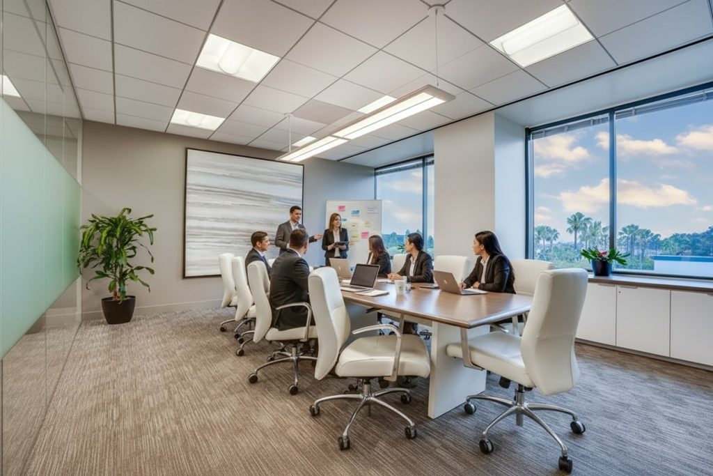 Barrister Suites Office Lease A group of business professionals sits around a conference table in a modern office, listening to a presentation. Two people stand beside a whiteboard with notes. Large windows reveal a sunny view of trees and blue sky outside.