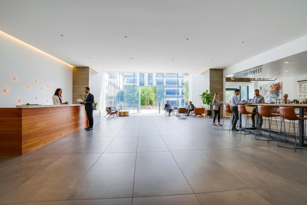 Barrister Suites Office Lease Modern office lobby with a reception desk on the left, people talking and working, and a coffee bar on the right. Large windows in the back let in natural light, with trees and buildings visible outside.