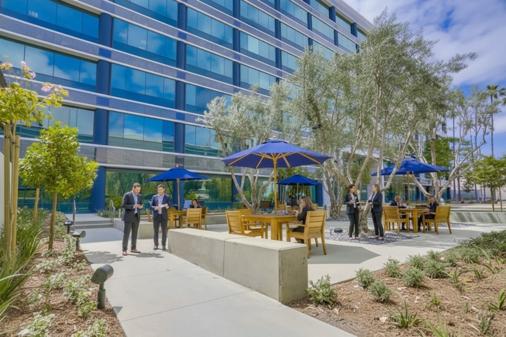 Barrister Suites Office Lease People gather and converse around wooden tables with blue umbrellas in a landscaped outdoor patio area beside a modern glass office building on a sunny day.