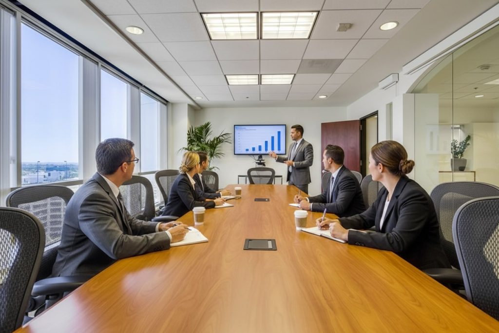 Barrister Suites Office Lease Five business professionals sit around a conference table, listening to a presenter who is pointing at a screen displaying a bar graph in a modern office meeting room.