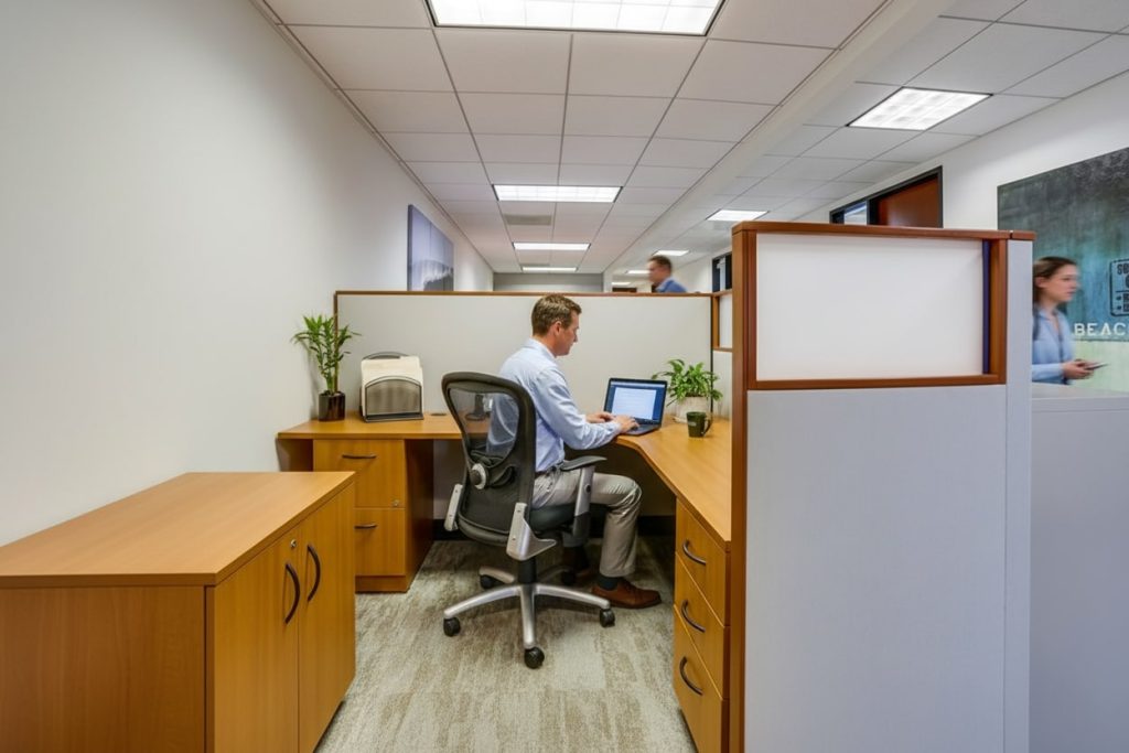 Barrister Suites Office Lease A man in business attire works on a laptop at a wooden cubicle desk in a modern office. Two people walk past in the hallway. The office has light walls, carpet, plants, and overhead fluorescent lights.
