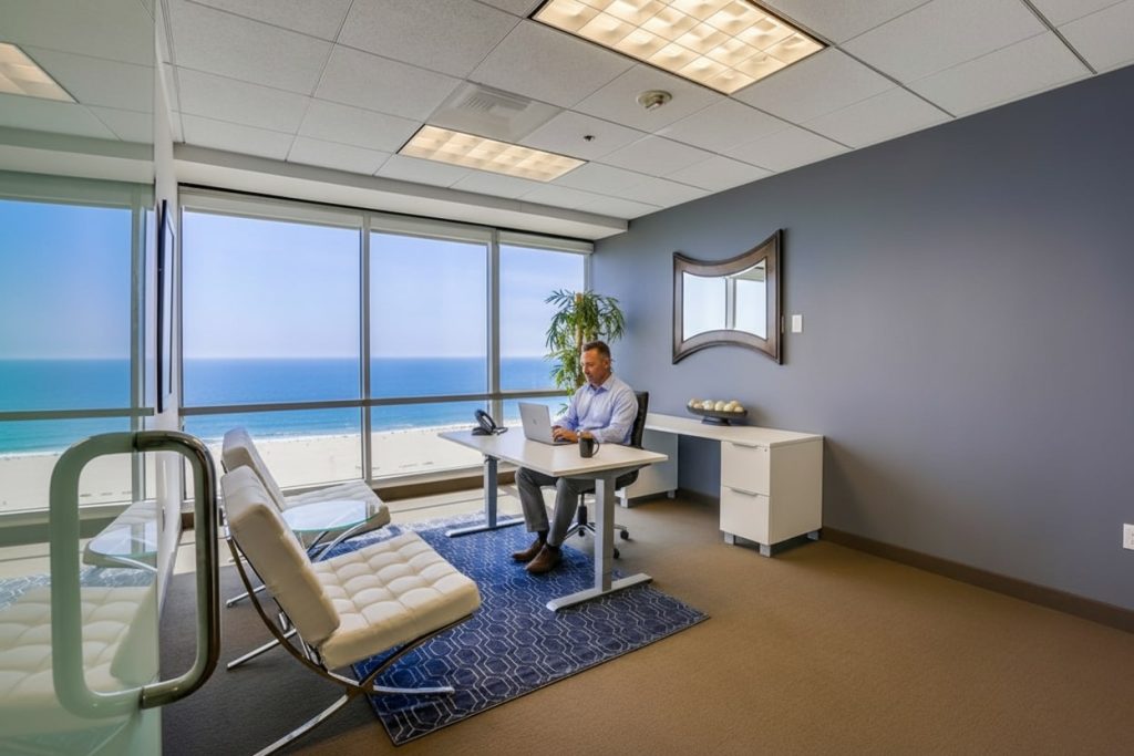 Barrister Suites Office Lease A man sits at a desk with a laptop in a modern office with large windows overlooking a beach and ocean, featuring white chairs, a potted plant, and a mirror on the gray wall.
