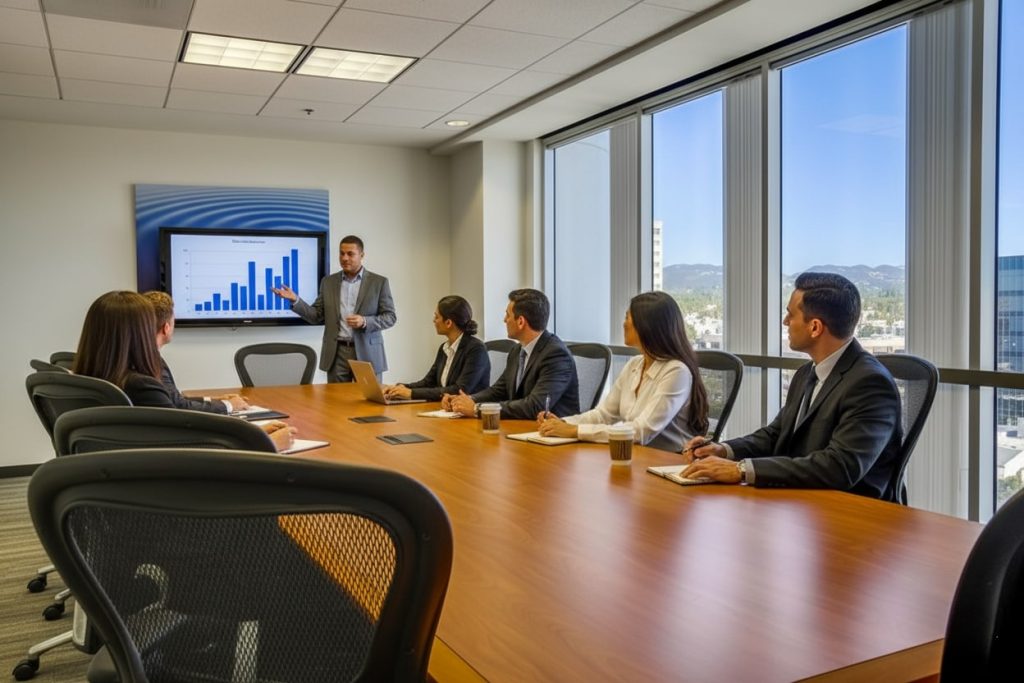 Barrister Suites Office Lease A man in a suit presents a bar graph on a screen to five colleagues seated around a conference table in a modern office with large windows and a city view.