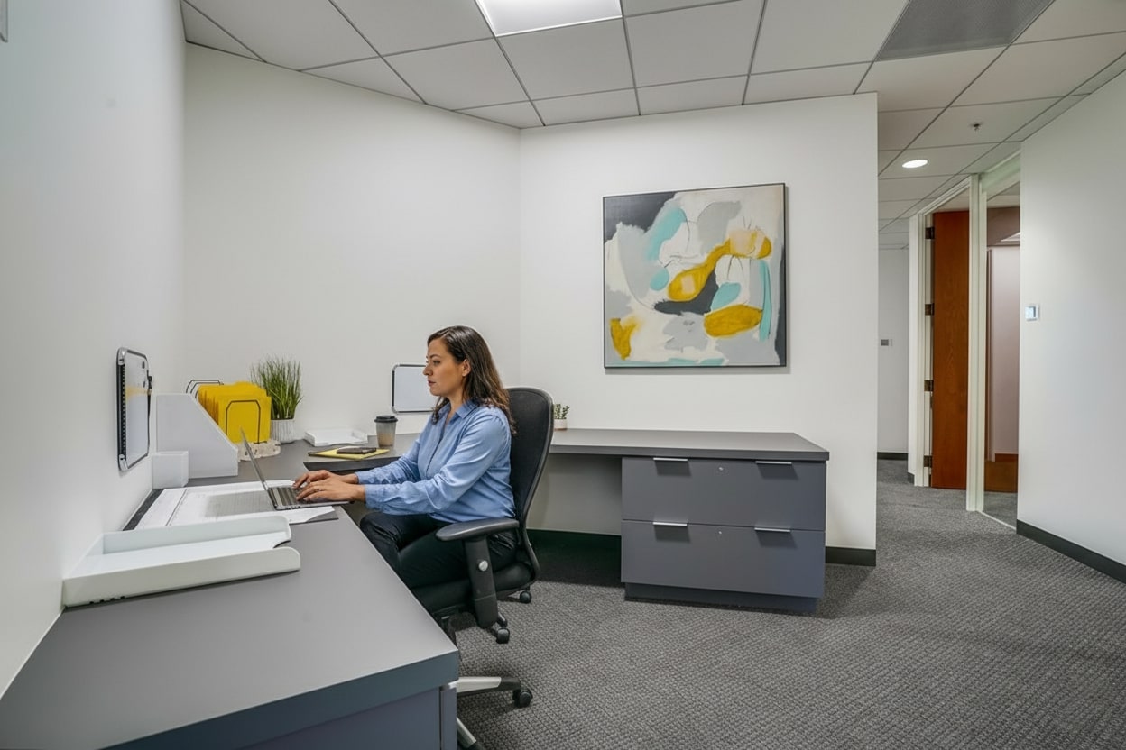Barrister Suites Office Lease A woman sits at a desk in a modern office, working on a computer. The office has white walls, gray furniture, a potted plant, yellow file folders, and abstract art on the wall. An open doorway leads to a hallway.