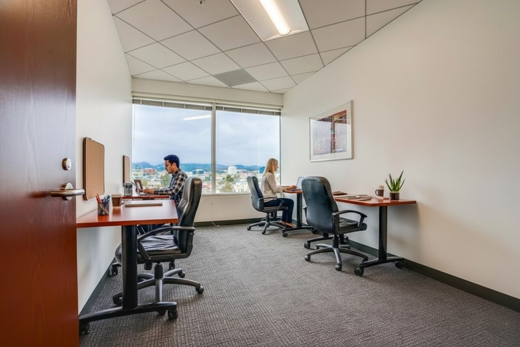 Barrister Suites Office Lease Two people work at separate desks in a bright office with large windows, rolling chairs, a potted plant, office supplies, and a scenic city view outside. The space is modern and organized.