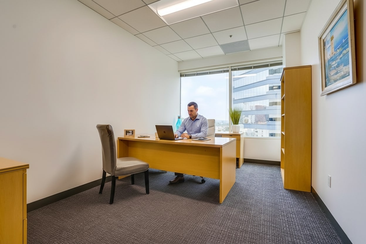 Barrister Suites Office Lease A man sits at a wooden desk in a modern office, working on a laptop. The office has large windows with a city view, neutral walls, and simple furnishings including a chair, cabinet, and framed artwork.