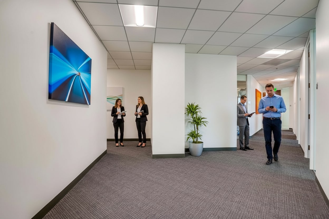 Barrister Suites Office Lease A modern office hallway with white walls, abstract art, potted plants, and four people: two women talking, a man on his phone walking, and another man in conversation near office doors.