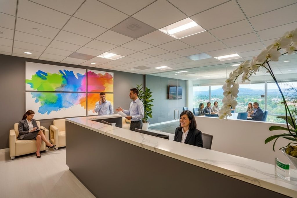 Barrister Suites Office Lease A modern office reception area with a marble desk, three people interacting, one woman seated, and a colorful abstract painting on the wall. Large windows show people meeting in a conference room and trees outside.