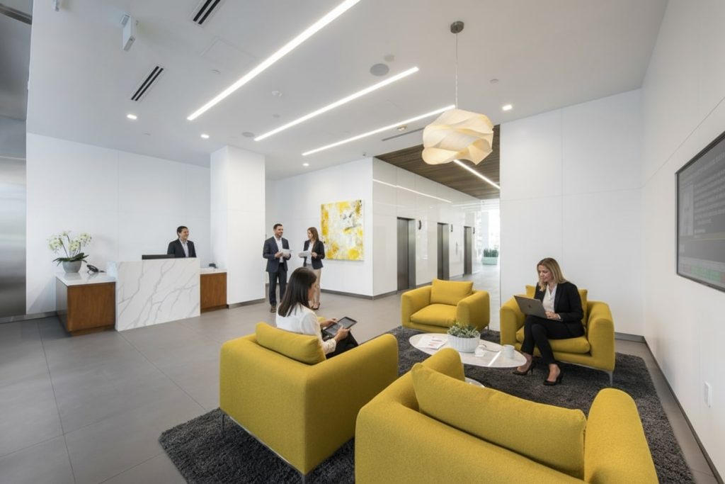 Barrister Suites Office Lease Modern office lobby with yellow chairs, a gray rug, and people working or talking. Two women sit with laptops, while three people stand near the reception desk and elevators. Bright lighting and contemporary decor.