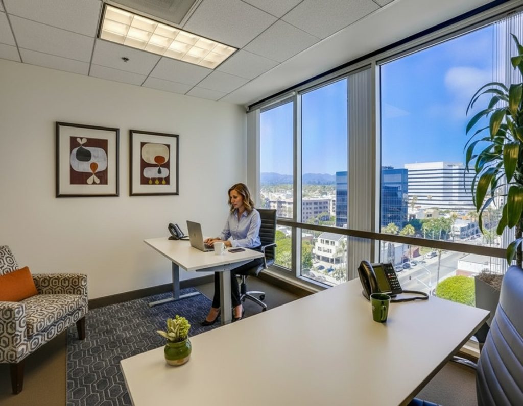 Barrister Suites Office Lease A woman works on a laptop at a desk in a bright modern office with large windows, city views, and contemporary decor, including two framed artworks, a patterned chair, and potted plants.