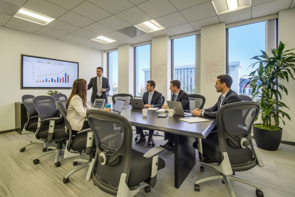 Barrister Suites Office Lease Five people in business attire sit around a conference table in a modern office, with charts on a screen and laptops open, engaging in a presentation and discussion. Large windows let in natural light.