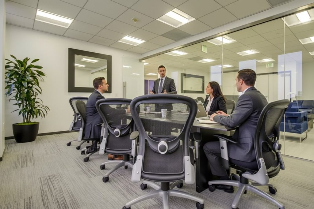 Barrister Suites Office Lease Four people in business attire have a meeting in a modern conference room with glass walls, gray chairs, and a large table. One person stands while the others sit, listening. A plant and a mirror are on the wall.