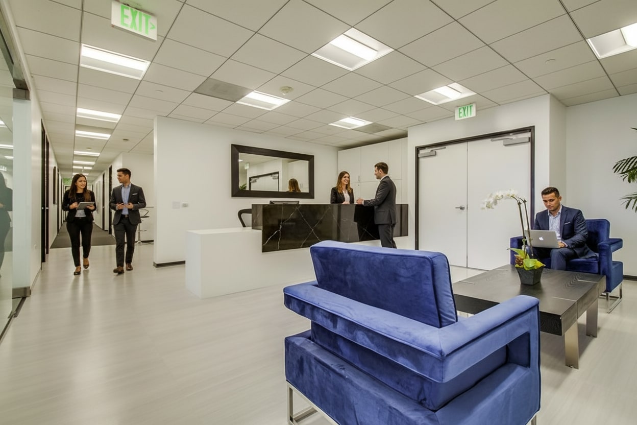 Barrister Suites Office Lease Modern office lobby with blue couches, black coffee table, and a receptionist at a black counter. Four people are walking or conversing, while one person works on a laptop. Bright lighting and large mirror on the wall.