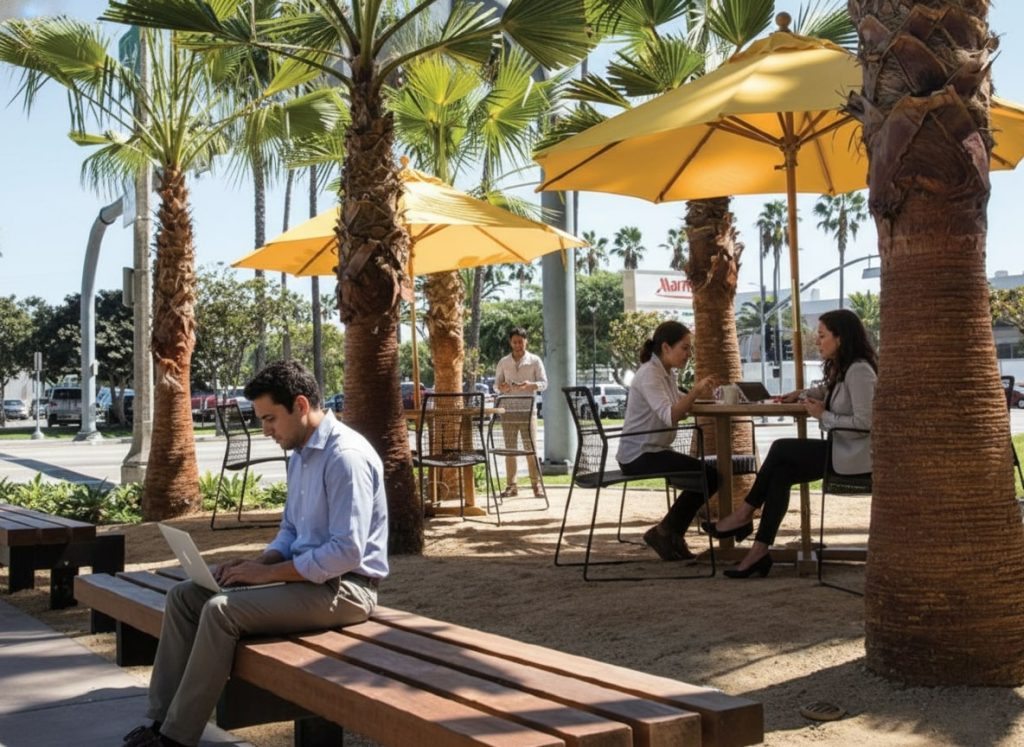 Barrister Suites Office Lease People sit and work on laptops at outdoor tables and benches under yellow umbrellas and palm trees on a sunny day. A person walks in the background. The scene appears to be in a casual, modern outdoor workspace or café area.