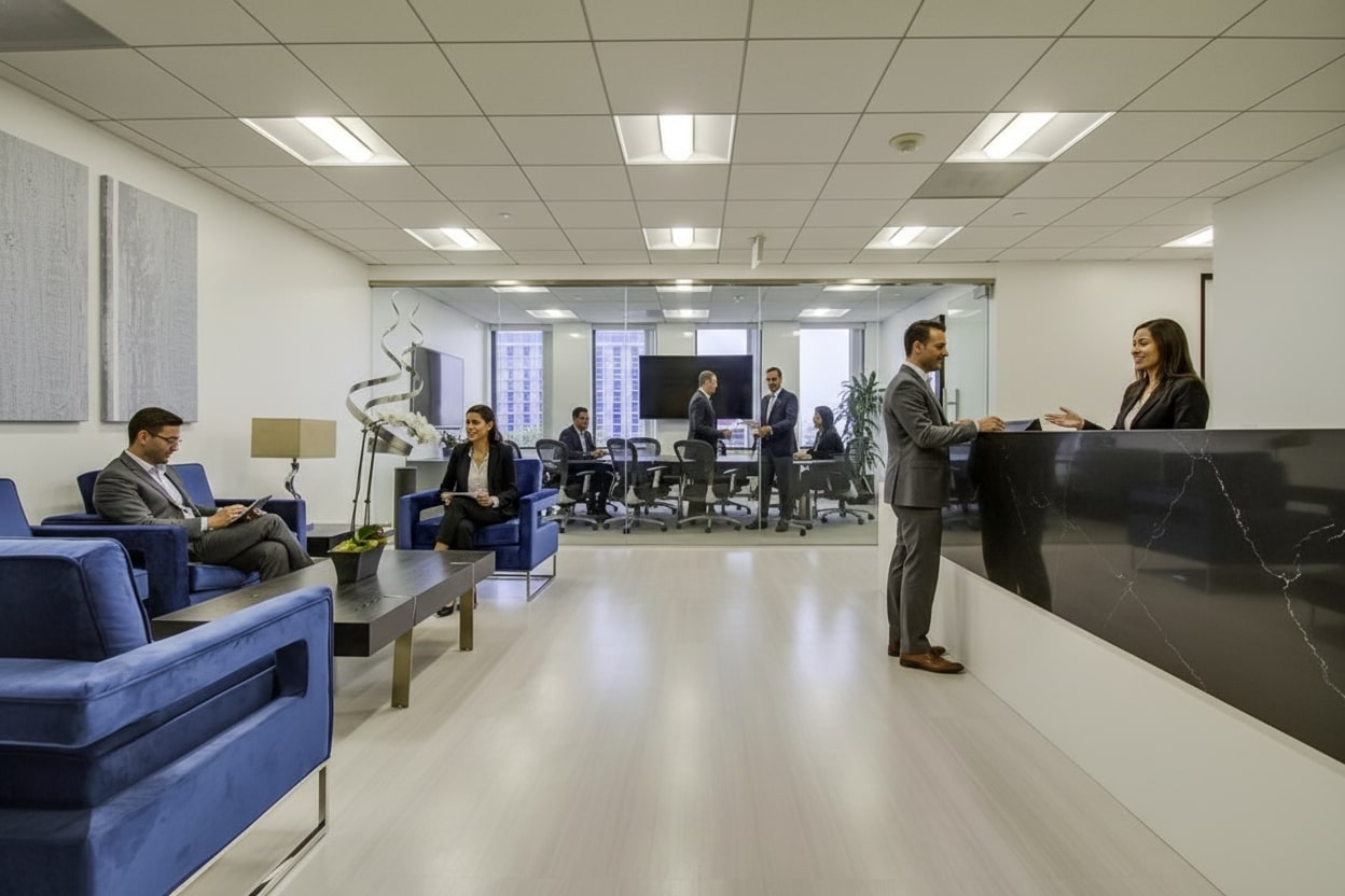 Barrister Suites Office Lease Modern office lobby with people in business attire. Some are seated on blue chairs working or waiting, while two stand at a black marble reception desk. Glass-walled conference room with a meeting is visible in the background.