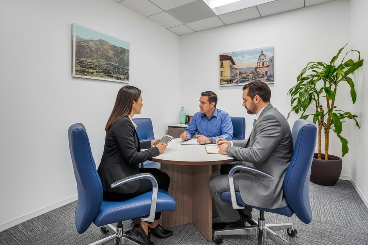 Barrister Suites Office Lease Three people in business attire sit around a round table in a modern office, engaged in discussion. The room has white walls, framed pictures, a plant, and blue chairs. Papers and pens are on the table.