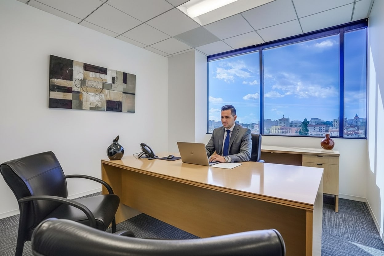 Barrister Suites Office Lease A man in a suit works on a laptop at a wooden desk in a modern office with large windows, a city view, abstract wall art, and black chairs.